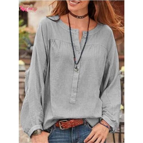 Womens Boho Solid Color Shirt Loose Long Sleeve Round Neck Chest Button Tops Blouse for Female Blouses Plus size