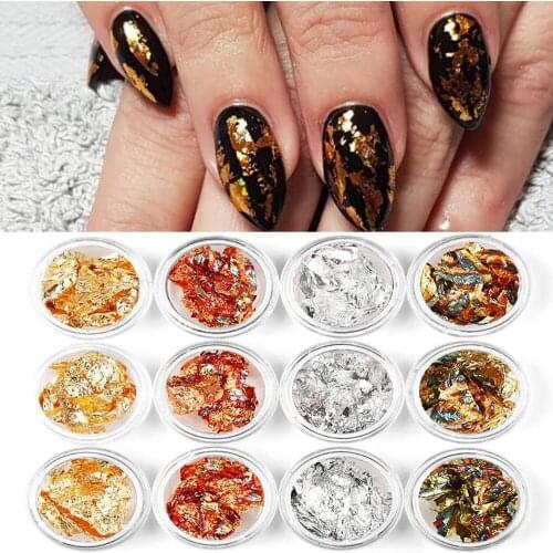 12jars/Set Metal Gold Nail Foils Platinum Sticker Gold/Silver Loose Glitter UV Gel Polish Holo Flake Laser Decal Accessories 98