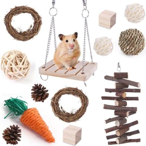 13pc Hamster Chew Toys Set Natural Wooden Hamster Toys Teeth Care Molar Toys for Guinea Pigs Syrian Hamster Gerbils Swing Seesaw