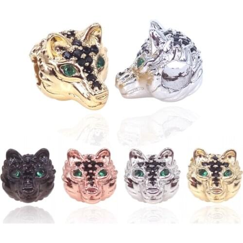 2pcs Wolf head pendant Copper Spacer beads Charms metal Gold color Loose beads Jewelry bracelets Men making DIY Findings