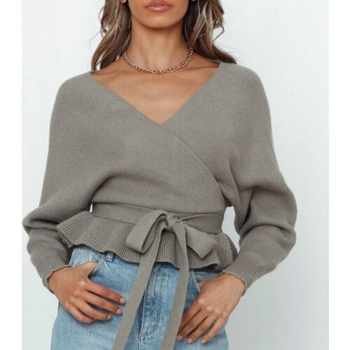 2020 French V Neck Lacing Up Strappy Knitted Shaggy Cardigan Sweater Retro Woman Long Sleeve Short Jumper Sexy Kleding Jerseis
