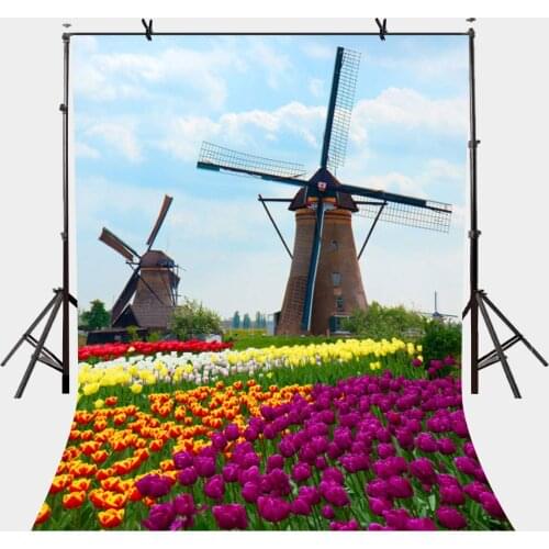 5x7ft Nature Landscape Backdrop Colorful Flowers Backdrops Windmill Photography Background Studio Props