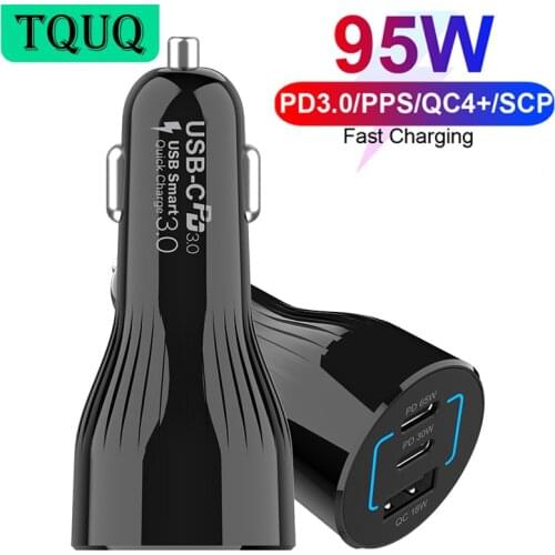 95W USB C Car Charger, 3-port PPS/PD 65W/45W/30W/20W QC3.0 18W for Xiaomi Huawei Type-C Laptop Tablet iPhone 12 Note 10/20/S20