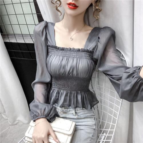 Puff Sleeved Solid Women Blouse Summer New 2021 Square Collar Slim Elegant Office Lady Pulls Outwear Tops