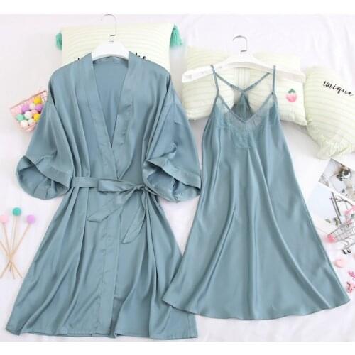 Summer Women Robe Kimono Gown Loose Casual Sleewpear Sexy Faux Silk Satin Home Dressing Gown Lace Knee-Length Home Dress