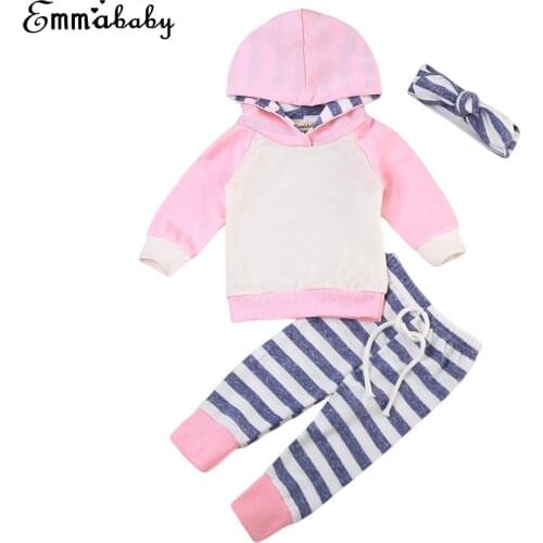 2PCS Infant Baby Boys Girls Outfit Blue Pink Hooded Long Sleeve Sweatshirt Top Stripes Pants Toddler Kids Clothes Babys Set