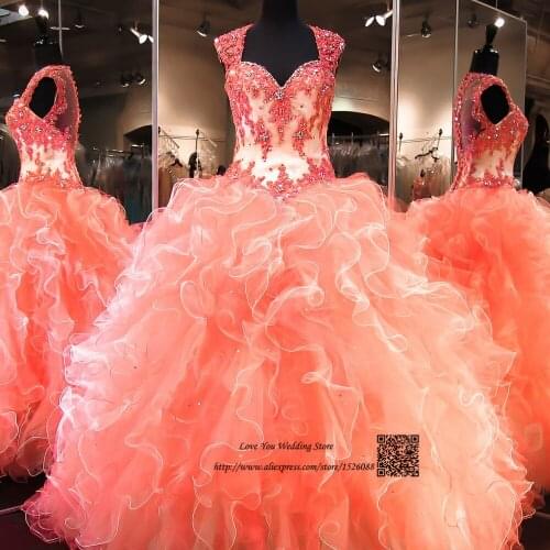 Coral Cheap Quinceanera Gowns Dresses 2016 Lace Organza Ruffles Vestidos de 15 anos Debutanta Sweet 16 Dress for 15 Years