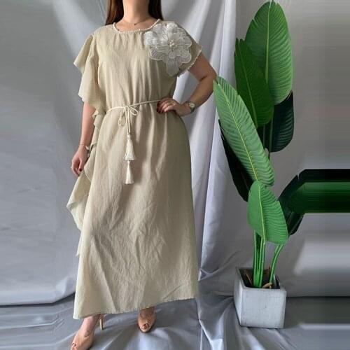 Muslim Dubai Abaya Summer Maxi Dress Round Neck Ruffles Short Sleeve Holiday Long Beach Sundress Ladies Party Dresses