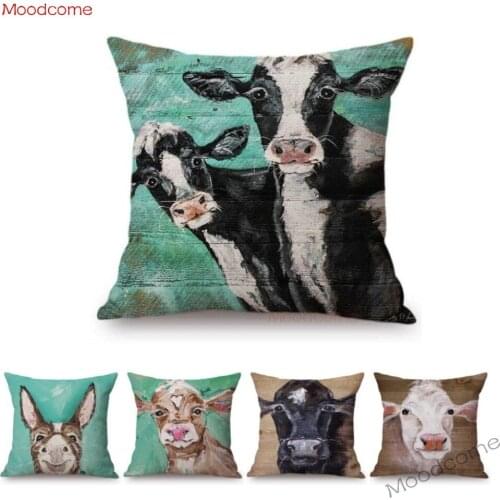Oil Painting Farm Animals Cow Cattle Donkey Sofa Throw Pillow Case Green Cotton Linen Home Decor Cushion Cover Concealed Zipper