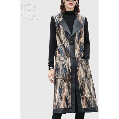 Novmoop genuine leather long vest coat feather print sheepskin Chaleco largo de cuero para mujer LT3248