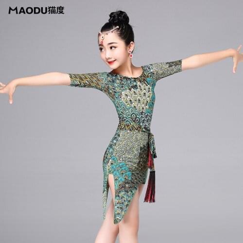 New fashion peacock Green Latin dance one-piece dresses for little girl/children, ballroom costume performance wears MD7113