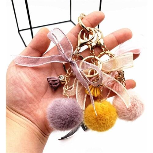 Fluffy Multicolor Pompom Faux Rabbit Cute bow Lace fur ball bag plush Key Rings Key Holder Trendy Jewelry Bag Accessories Gift
