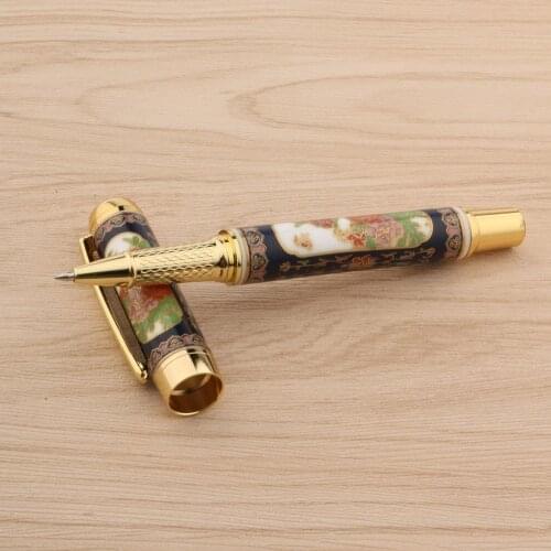 Luxury Rollerball Pen Ceramic Cloisonne Peony Flower Painting 0.5mm Black Ink Refill Rollerball Pens