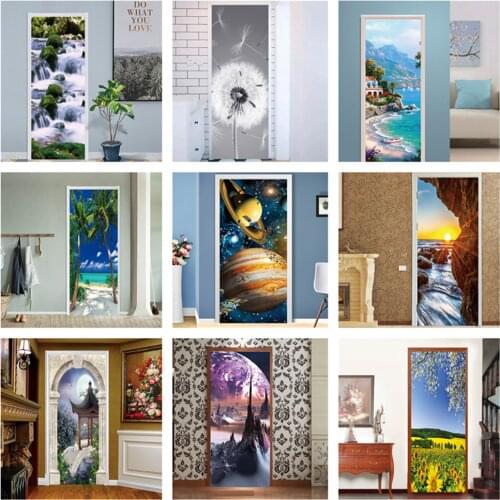 Self-Adhesive Door Sticker Magic Landscape Green Leaves Mural Wallpaper Waterproof Vinyl Door Poster Living Room Bedroom Decals
