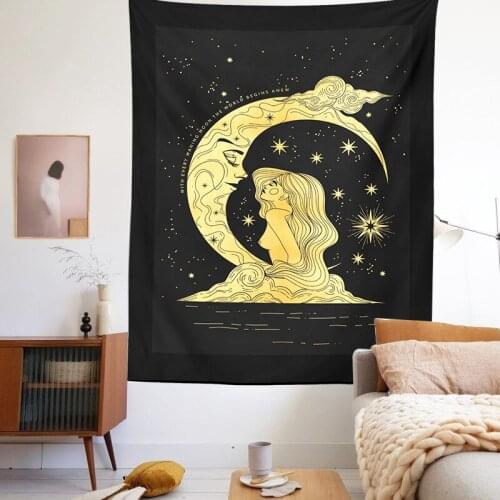Sun Moon woman Tapestry Tarot Card Witchcraft Wall Hanging black Art Print Mural Background Tapestries for Bedroom Dorm Yoga