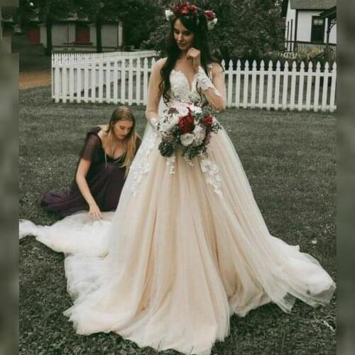 E JUE SHUNG New Champagne Wedding Dresses Sheer Neck Full Sleeves Sweep Train Lace Appliques Bridal Gowns Vestidos De Novia