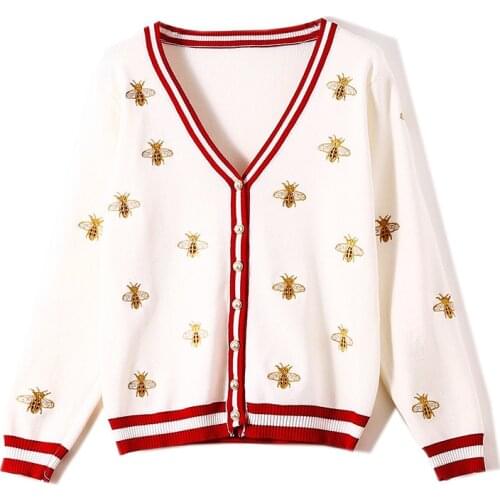 High Quality Fashion Designer Bee Embroidery Cardigan Long Sleeve Single Breasted Contrast Color Button Knitted Sweater
