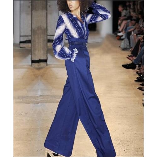 Bright Blue Striped Shirt Pants Two Piece Sets Lady Office Work Suits Wide Leg Trousers Streetwear Flare Sleeve Womens Sets