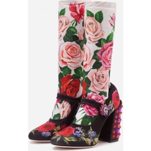 Flower Print Jeweled Boots Women Colourful Crystal Decor 10cm Square Heel Booties Rose Printed Catwalk Shoes Stretch Botas Mujer