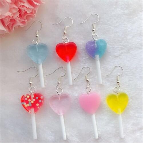 1Pair Cute Woman Drop Earrings Flatback Resin Heart Lollipops Multicolor Candy Fashion Jewelry for Children