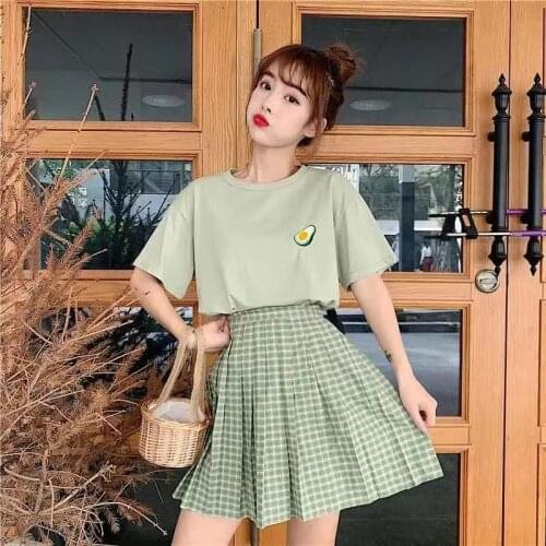 Suit Skirt Female 2021 Summer Student Korean Short-sleeved T-shirt High-waist Plaid Skirt Two-piece