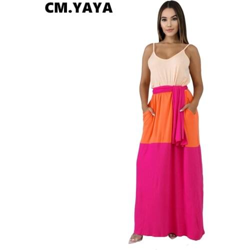 CM.YAYA Women Dress Patchwork Sleeveless Strap V-neck Loose Maxi Dresses with Pockets Bandage Casual Vestidos Summer Outfits