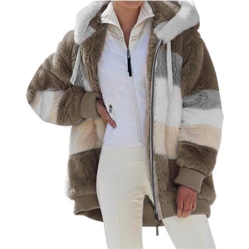 Winter Faux Fur Womens Coat Hooded Long Sleeve Cardigan Zipper Pockets Loose Patchwork Striped Vogue Casual Coat