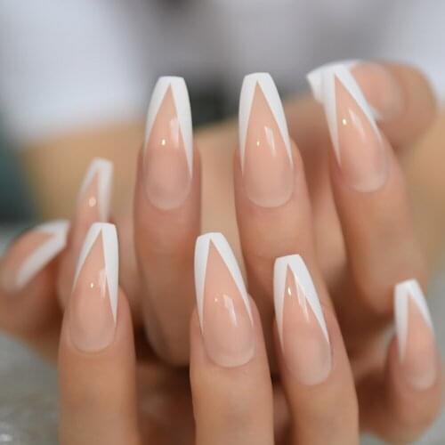 White French Ballerina Fake Nails Natural Nude Glossy Coffin Flat False Nail Tips for Salon Party Faux Ongle Free Adhesive Tapes