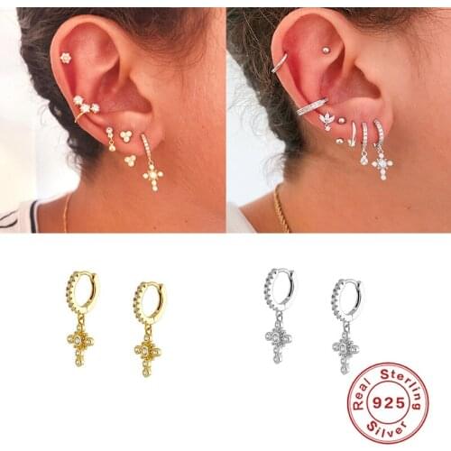 BOAKO 925 Sterling Silver Earring Jewelry Bling CZ Hoop Earrings For Valentines Day Engagement Pendant Earring Pendientes Cruz
