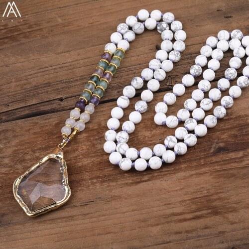 Big White Quartz Pendant Necklace Round White Turquoises 108 Beads Mala Necklace Healing Jewelry Long 50 Inch N0304AMDB
