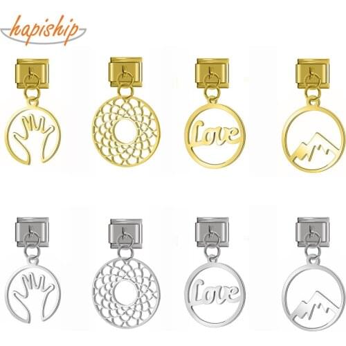 Hapiship 2021 Original Daisy Round Flower Love Mountain Hand Charm Links Fit 9mm Bracelet Stainless Steel Jewelry Making DJTop46