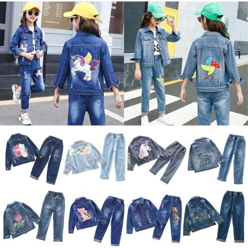 2021 Girl Spring Autumn Clothing Sets Fashion Teens Casual Denim Jackets Jeans 2Pcs Suit Kids Sports Holiday Outwear