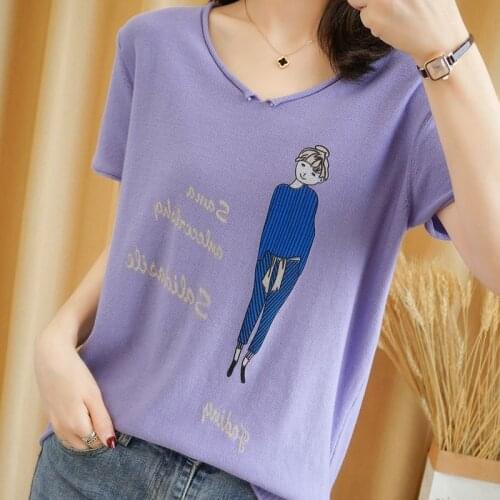 Summer Womans T-Shirt Thin Casual V-Neck Short Sleeve 100% Cotton Knitted Tops Female Pullover Cool Clothes Jumpers Tees Shirt