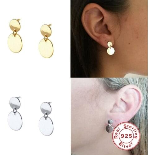 GS Circle Round Pendant Stud Earrings Simple Gold Color Small Wafer Stud Earrings Women 925 Sterling Silver Fine Jewelry