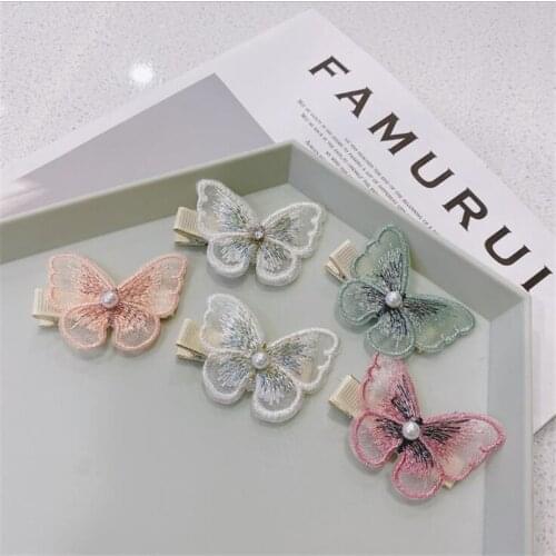 2pcs Korean Romantic Butterfly Embroidery Elegant Hairpin Natural Pearl Handmade Clip Head Hair Clips Women Girls Accessories