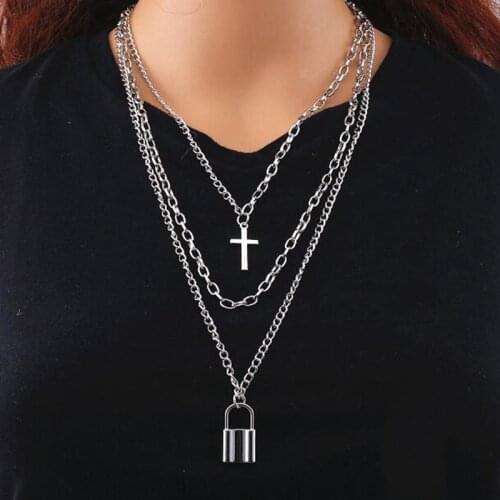 Fashion Multilayer Hip Hop Long Chain Necklace For Women Men Jewelry Gifts Punk Geometric Key Cross Pendant Necklace Bijoux