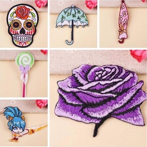 Punk Style Skull Patches Iron On 3D Diy Rose Umbrella Lollipop Embroidery Appliques Sewing Coat Hats Bags Badges Parches