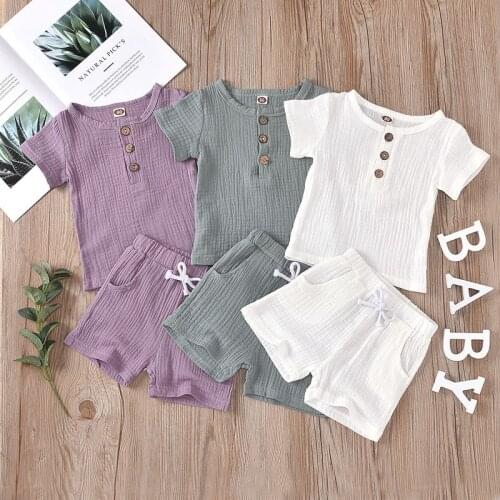 New 2Pcs Clothes Set Boys Summer Clothing Baby Boys Girls Cotton Solid Button T-shirts Tops+Striped Shorts Outfits