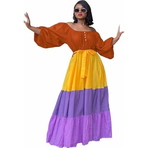 Color Block Patchwork Holiday Long Dress for Women Lantern Sleeve Elastic Waist Ruffle Hem Plus Size Maxi Dress Vestido De Mujer