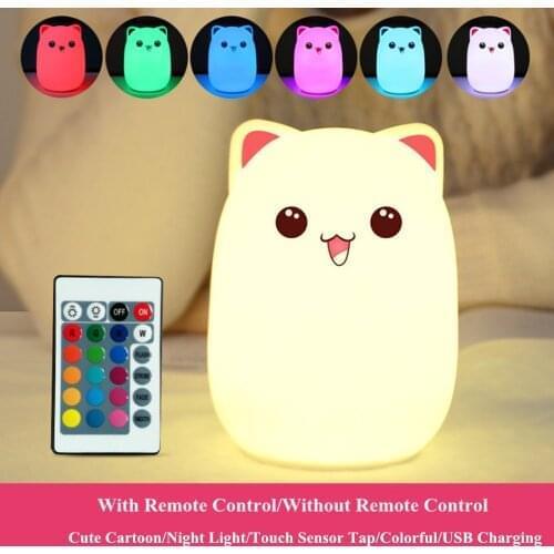 Cat Night Light Touch Sensor Remote Control RGB LED Cartoon Silicone USB Rechargeable Children Baby Bedroom Bedside Lamp Gift