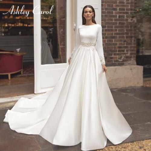 Ashley Carol A-Line Wedding Dress 2021 Delicate Beading Satin Long Sleeve Scoop Bride Princess Vintage Chapel Train Bridal Gown
