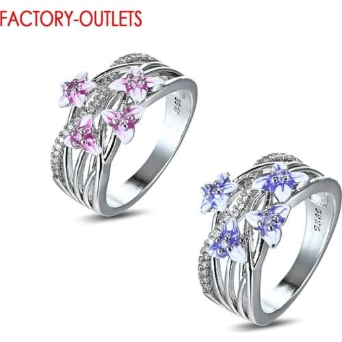 Flower Shape 2 Colors Sparkling Genuine 925 Sterling Silver Rings For Women Girls Wedding Jewelry Promise Rings Engagement Gift