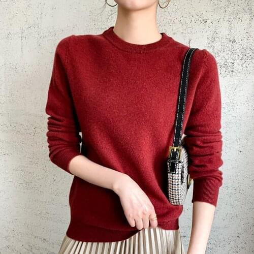 Round neck sweater womens autumn and winter new pure color simple fashion pullover knitted bottoming top large size