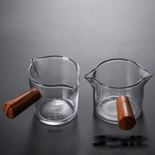 70/75ml Heat-resistant Glass Milk Cup With Wooden Handle Double-mouthed Clear Scale Measuring Ounce Cup Kitchen Accessories