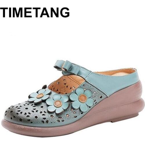 TIMETANG Genuine Leather Bohemian Luxury Slippers Women Shoes Vintage Handmade Flower Summer Beach Slippers Slides Wedges