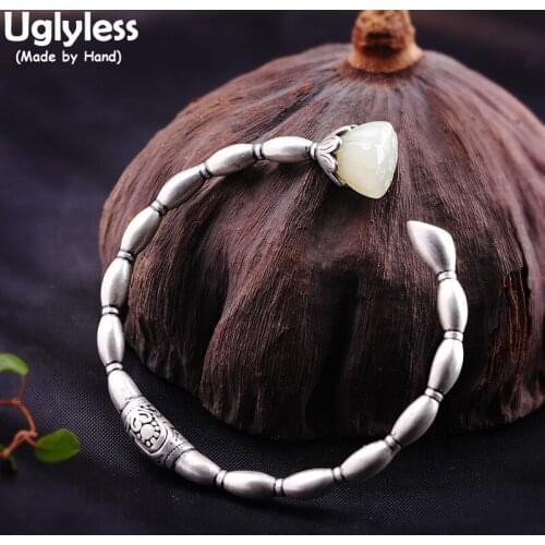 Uglyless Lovely Handmade Vivid Lotus Roots Bangles for Women Natural Hetian Jade Gemstone Bangles 925 Thai Silver Jewelry Ethnic