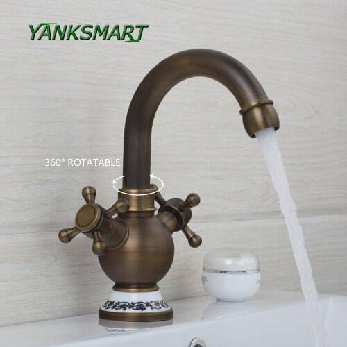 YANKSMART Dual Handles Kitchen Faucet Antique Brass Swivel 360 Deck Mount Sink Torneira Cozinha Faucets Mixer Tap