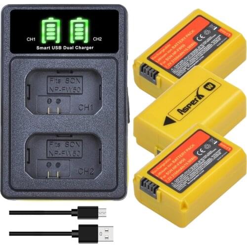 AsperX 3pc NP-FW50 Battery+LED Dual Chargr for Sony Alpha a6500 a6300 a6000 a5000 a3000 and a7 7R a7R a7R II a7II