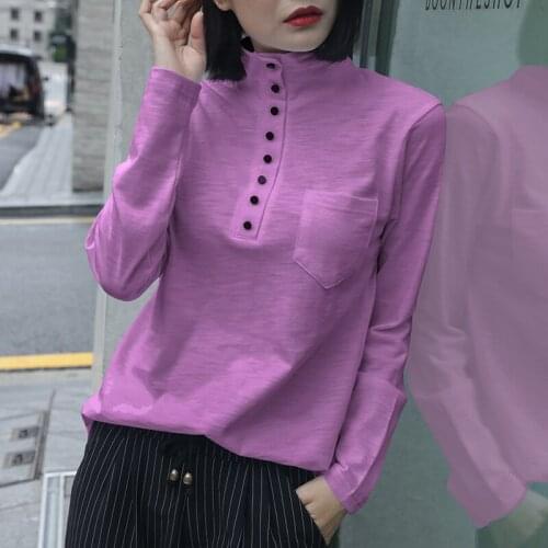 Cotton 100% Turtleneck Button Women T-Shirts Summer New 2021 Long-Sleeved Casual All Match Female Outwear Pulls Tops Tees