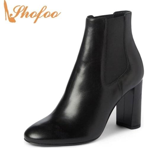 Black Round Toe Woman Ankle Boots High Block/Chunky Heels Chelsea Elastic Booties Large Size 12 16 Ladies Fashion Shoes Shofoo